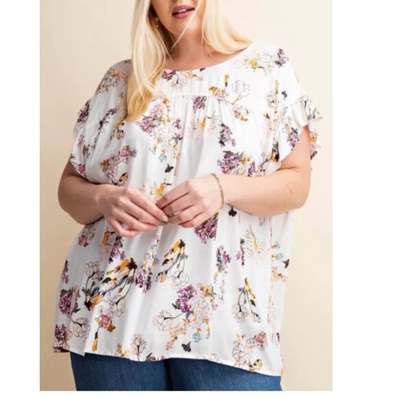 Kori America Blouse Small White Floral Drop Shoulder Short Sleeve Tie Back NWT - Picture 2 of 13
